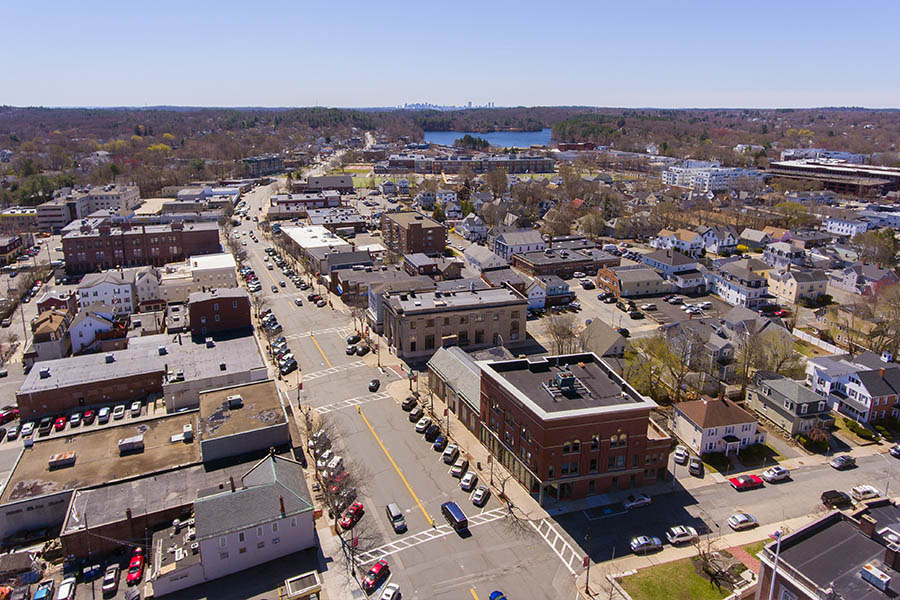 Wakefield, MA Insurance - Wakefield Historic Town Center Aerial View on Main Street in Wakefield, Massachusetts MA
